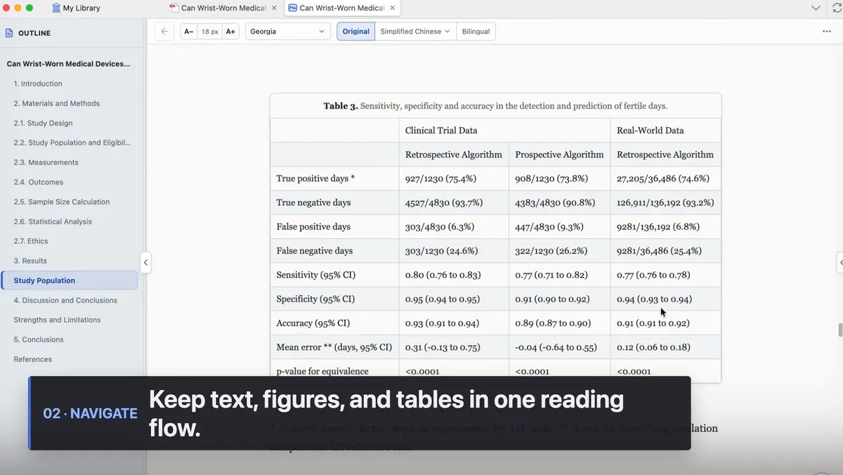 Mktero reading view with continuous text, outline, and a table