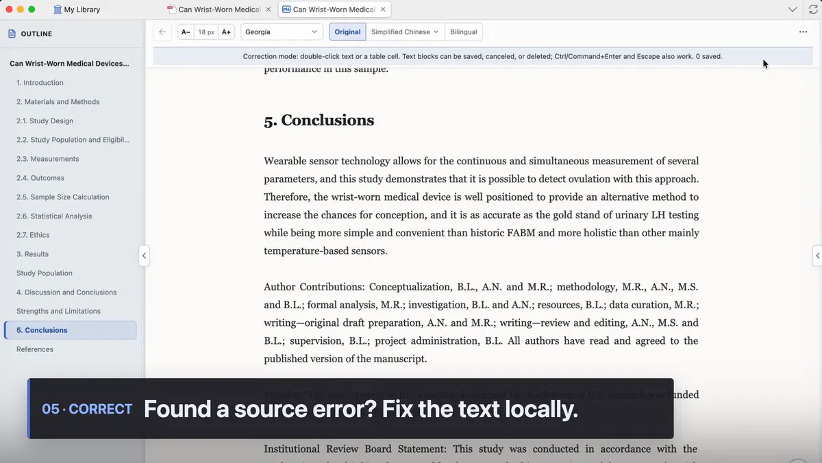 Correcting recognized text in the continuous reading view