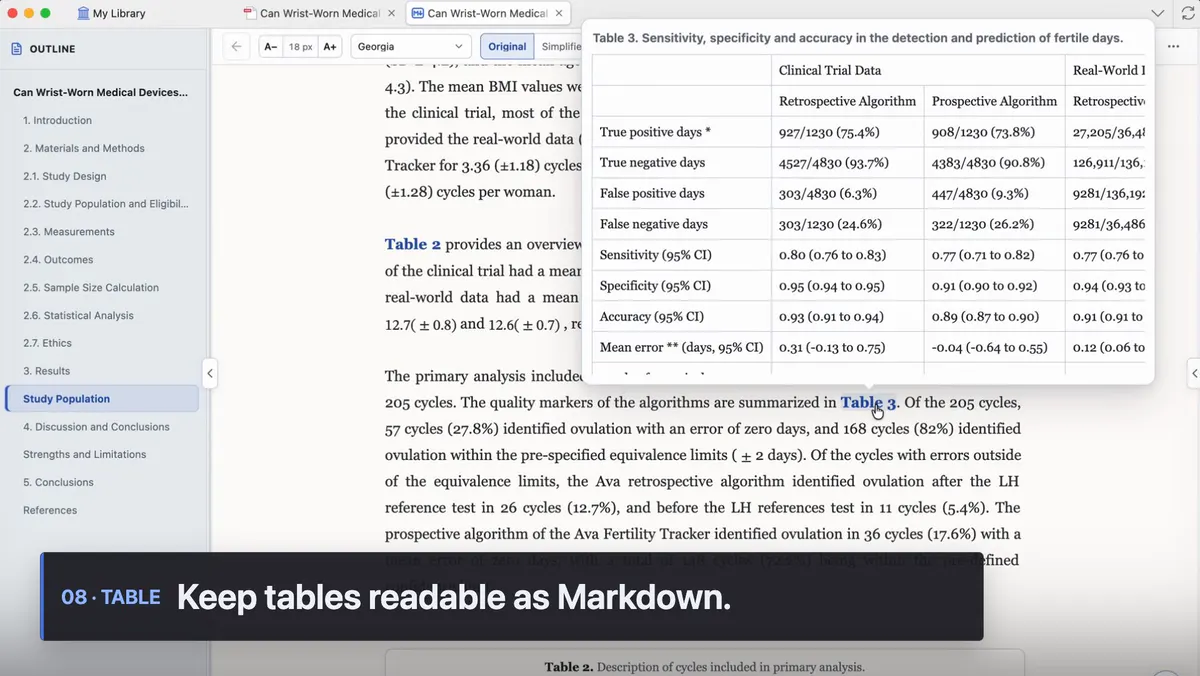 Selecting text in Mktero for translation or citation actions